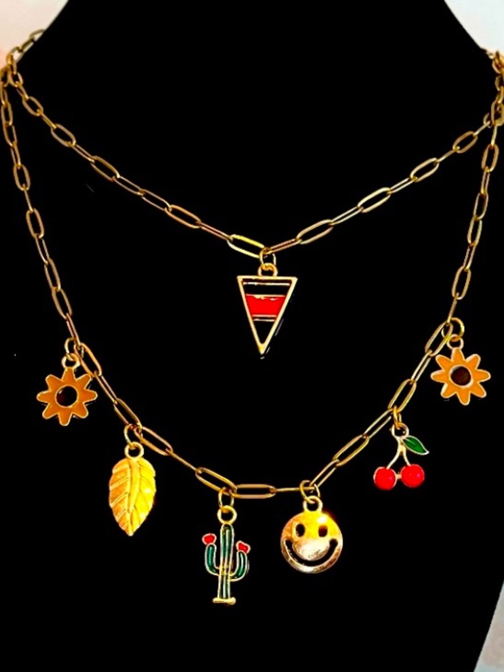 Gold Tone Charm Necklace Layered Boho Y2K Jewelry | Cherry Sun Smiley Coastal